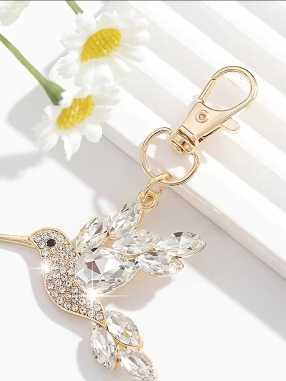 Crystal Hummingbird Keychain Gold Tone